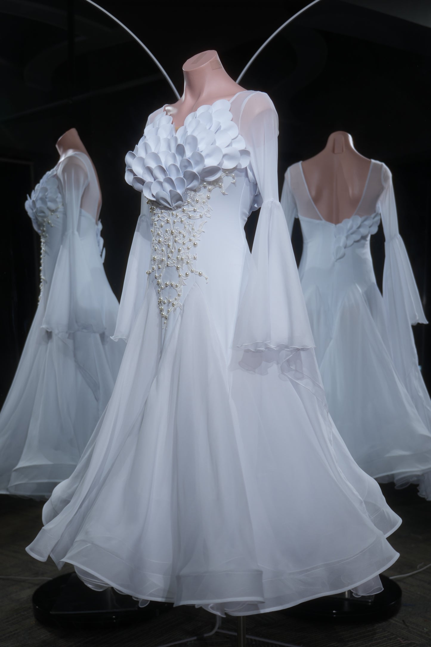 MINEJAS.L552 White Ballroom Dance Dress with 3D Petal Appliqués & Pearl Embroidery | Long Sleeve Standard Gown