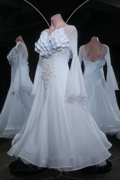 MINEJAS.L552 White Ballroom Dance Dress with 3D Petal Appliqués & Pearl Embroidery | Long Sleeve Standard Gown
