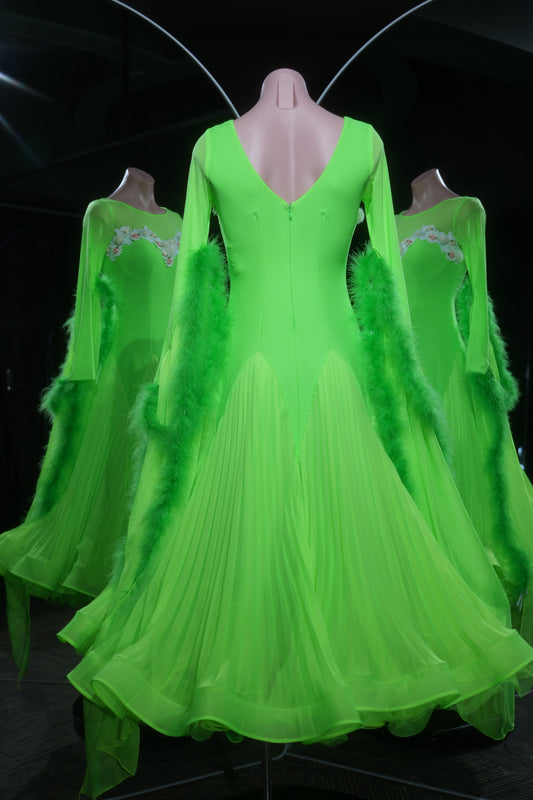 MINEJAS.L553 Neon Green Ballroom Dance Dress with Feather Accents & Floral Appliqués | Long Sleeve Standard Gown