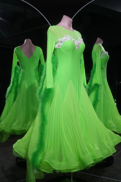 MINEJAS.L553 Neon Green Ballroom Dance Dress with Feather Accents & Floral Appliqués | Long Sleeve Standard Gown
