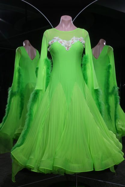 MINEJAS.L553 Neon Green Ballroom Dance Dress with Feather Accents & Floral Appliqués | Long Sleeve Standard Gown