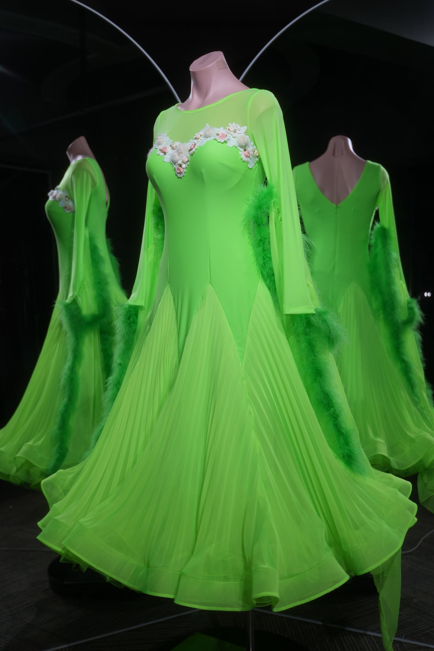 MINEJAS.L553 Neon Green Ballroom Dance Dress with Feather Accents & Floral Appliqués | Long Sleeve Standard Gown