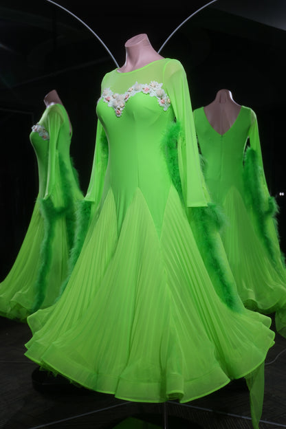 MINEJAS.L553 Neon Green Ballroom Dance Dress with Feather Accents & Floral Appliqués | Long Sleeve Standard Gown