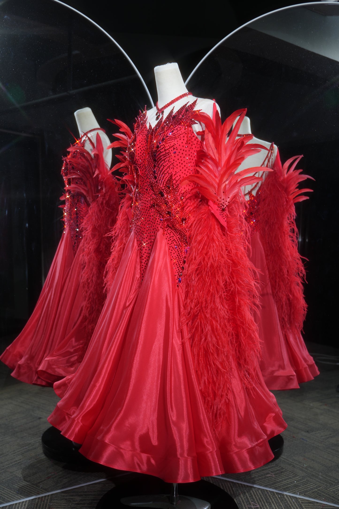 MINEJAS.L554 Red Feather Ballroom Dance Dress with Rhinestone Bodice & Satin Skirt | Off-Shoulder Standard Gown