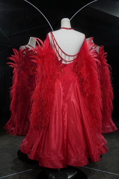 MINEJAS.L554 Red Feather Ballroom Dance Dress with Rhinestone Bodice & Satin Skirt | Off-Shoulder Standard Gown