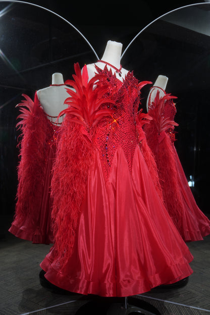 MINEJAS.L554 Red Feather Ballroom Dance Dress with Rhinestone Bodice & Satin Skirt | Off-Shoulder Standard Gown