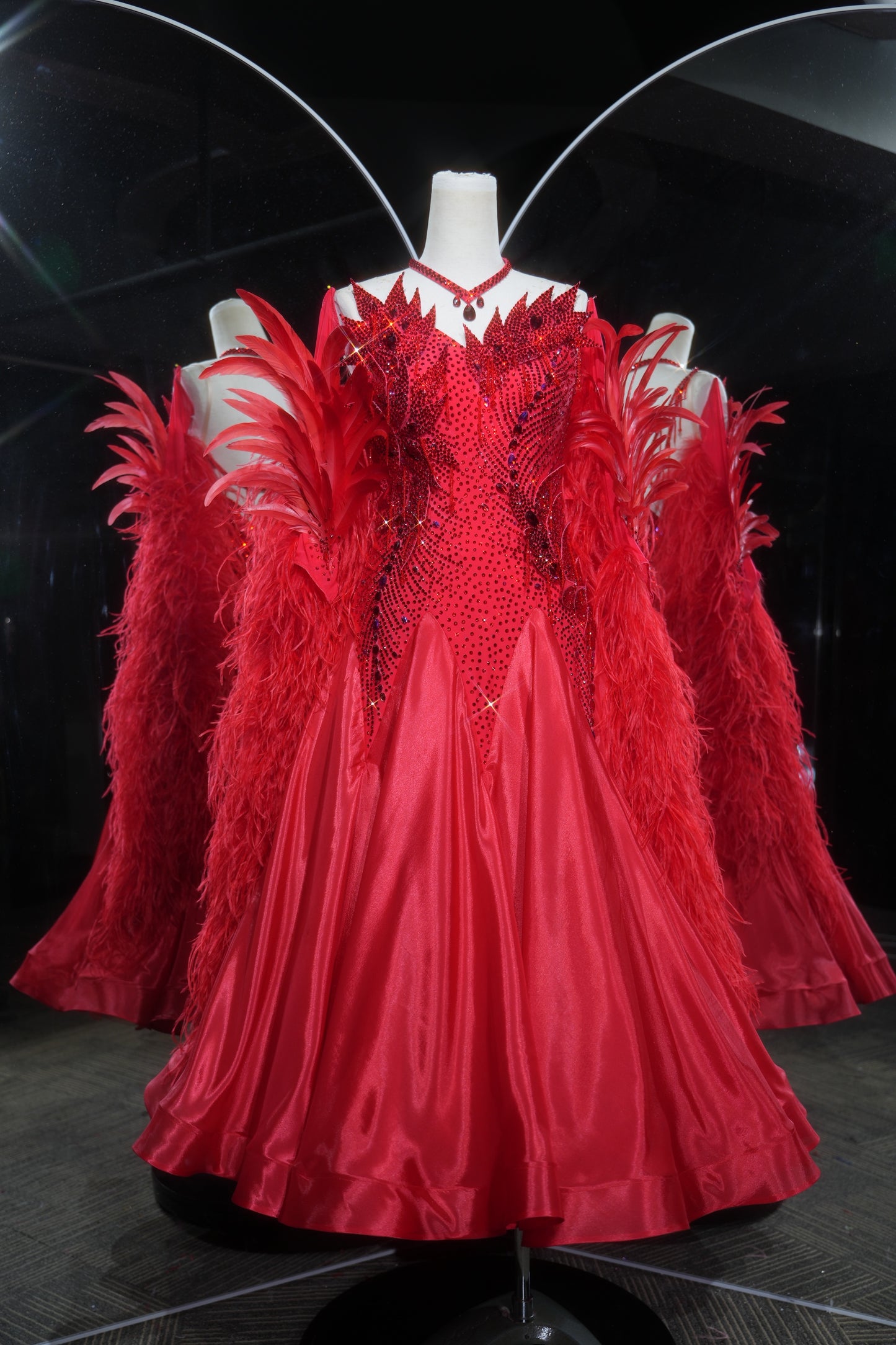 MINEJAS.L554 Red Feather Ballroom Dance Dress with Rhinestone Bodice & Satin Skirt | Off-Shoulder Standard Gown