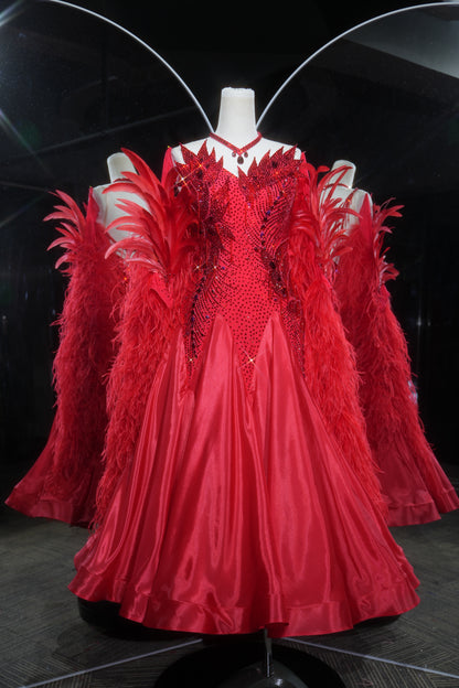MINEJAS.L554 Red Feather Ballroom Dance Dress with Rhinestone Bodice & Satin Skirt | Off-Shoulder Standard Gown