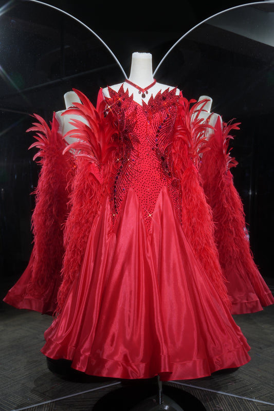 MINEJAS.L554 Red Feather Ballroom Dance Dress with Rhinestone Bodice & Satin Skirt | Off-Shoulder Standard Gown