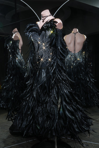 MINEJAS.L555 Black Feather Ballroom Dance Dress with Silver Swarovski Rhinestone Bodice | Open-Back Standard Gown
