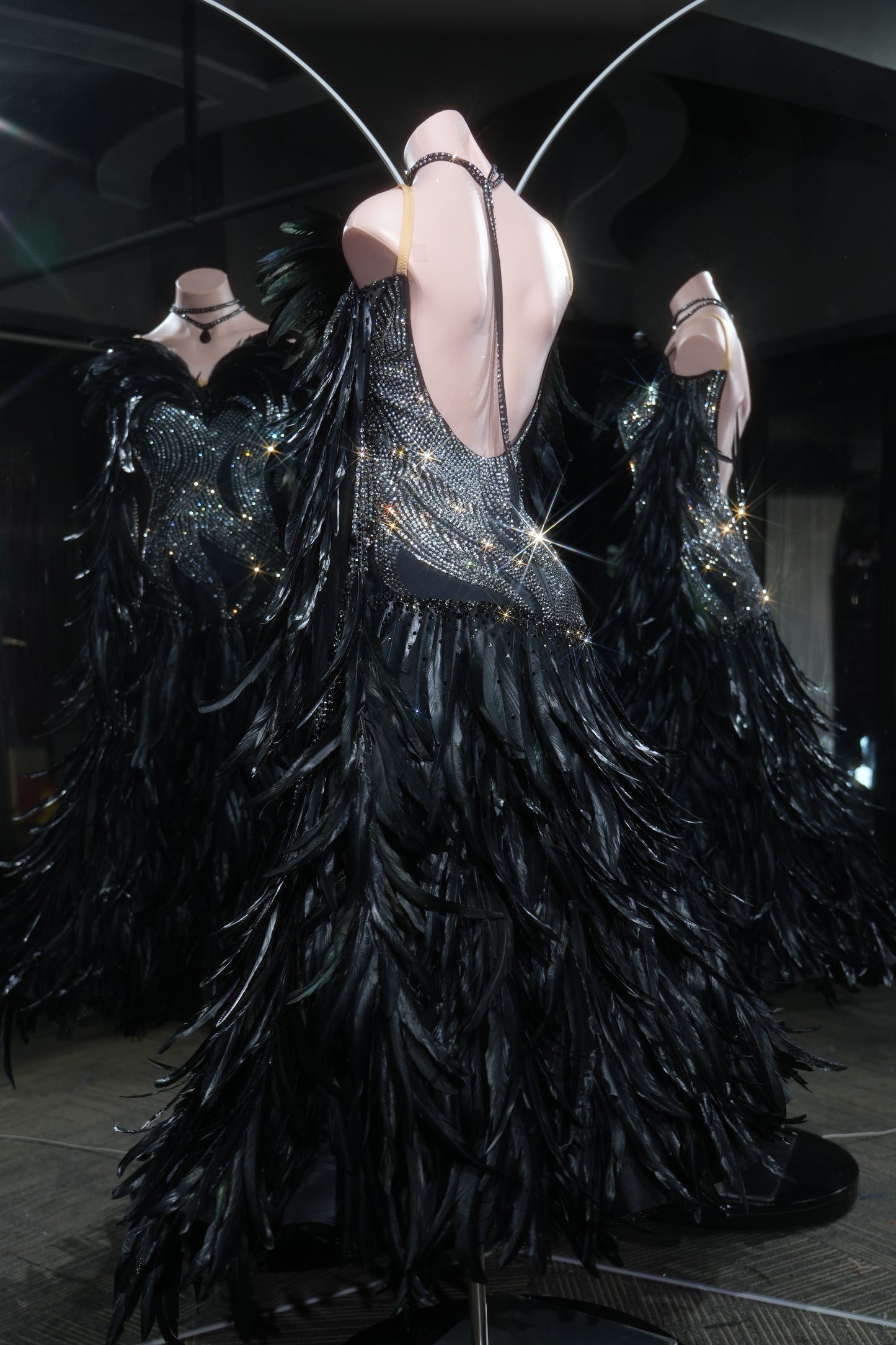 MINEJAS.L555 Black Feather Ballroom Dance Dress with Silver Swarovski Rhinestone Bodice | Open-Back Standard Gown