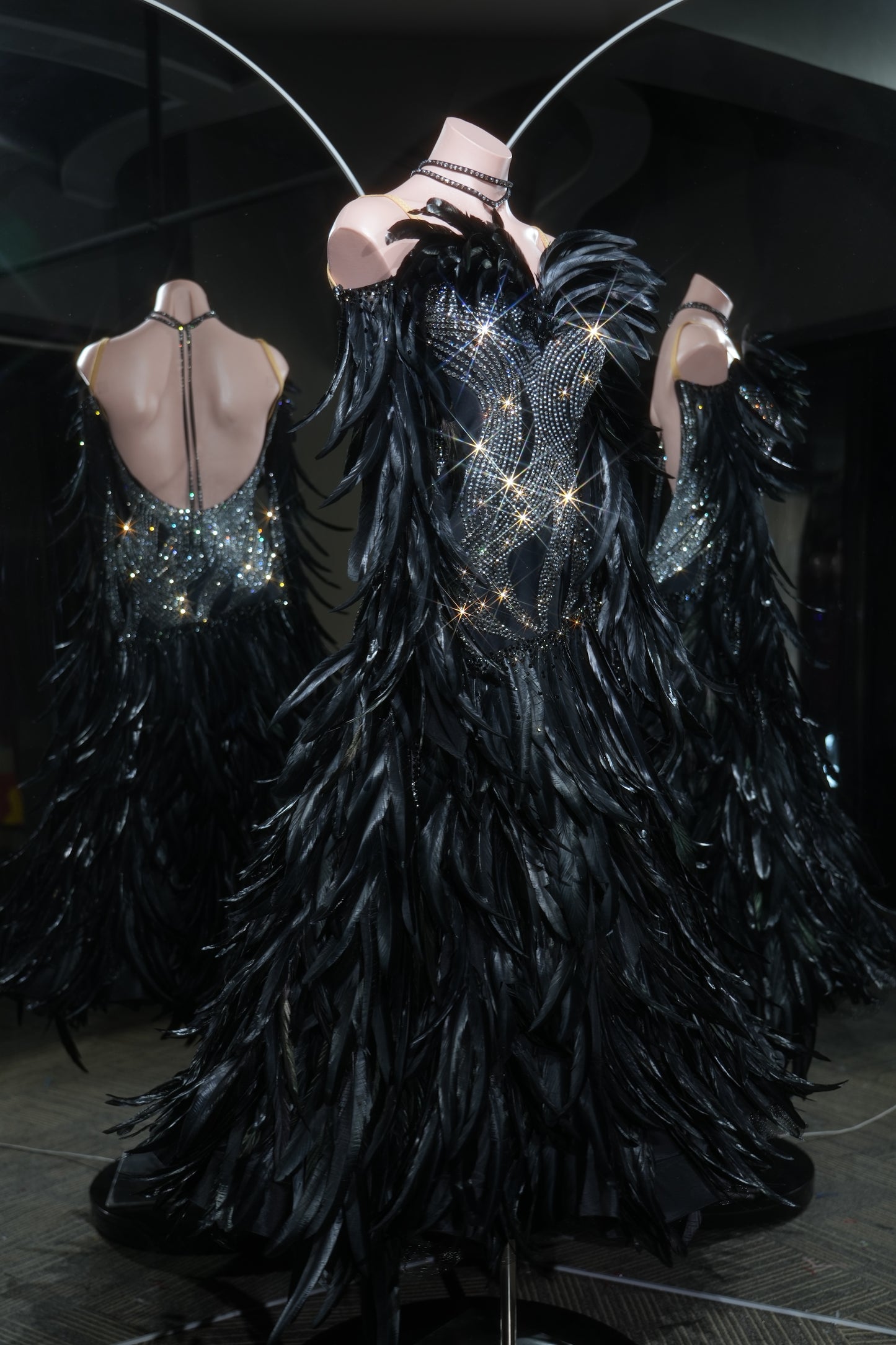 MINEJAS.L555 Black Feather Ballroom Dance Dress with Silver Swarovski Rhinestone Bodice | Open-Back Standard Gown