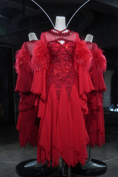 MINEJAS.L556 Red Ballroom Dance Dress with Feather Cuffs & Rhinestone Bodice | High-Neck Standard Competition Gown