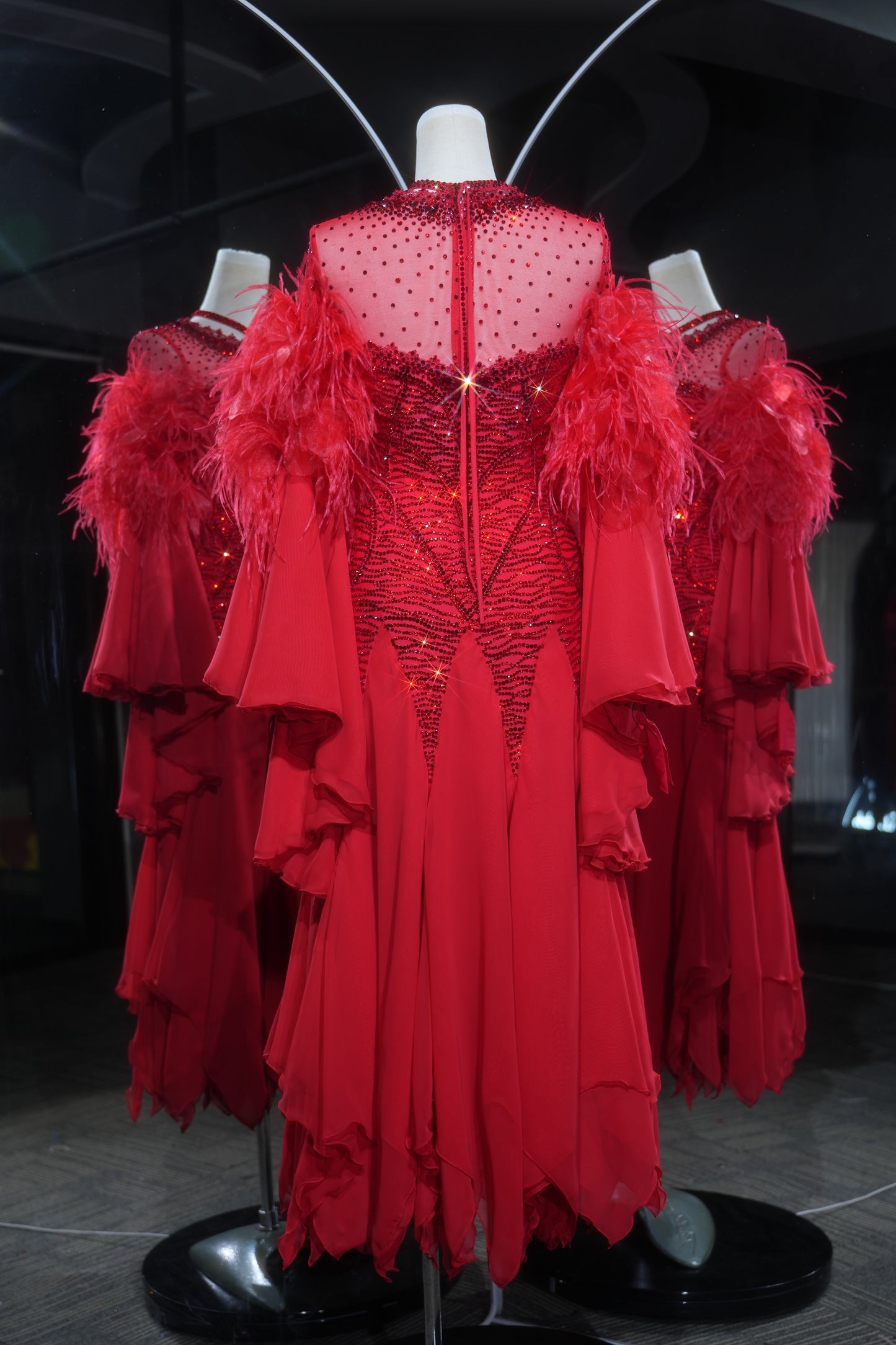 MINEJAS.L556 Red Ballroom Dance Dress with Feather Cuffs & Rhinestone Bodice | High-Neck Standard Competition Gown
