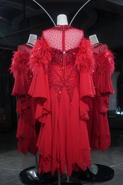 MINEJAS.L556 Red Ballroom Dance Dress with Feather Cuffs & Rhinestone Bodice | High-Neck Standard Competition Gown