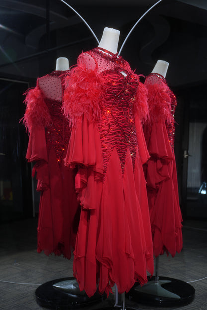 MINEJAS.L556 Red Ballroom Dance Dress with Feather Cuffs & Rhinestone Bodice | High-Neck Standard Competition Gown
