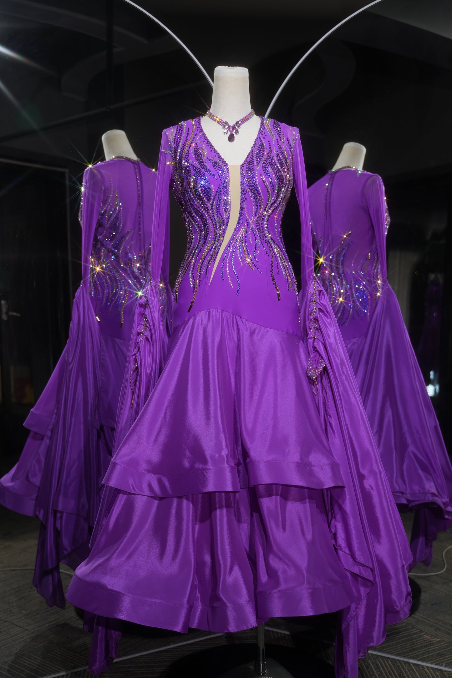 MINEJAS.L557 Purple Ballroom Dance Dress with Gold & Purple Rhinestone Wave Pattern | Long Sleeve Standard Gown