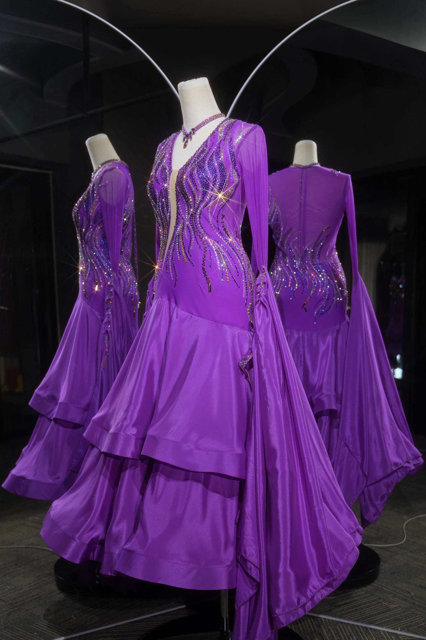 MINEJAS.L557 Purple Ballroom Dance Dress with Gold & Purple Rhinestone Wave Pattern | Long Sleeve Standard Gown