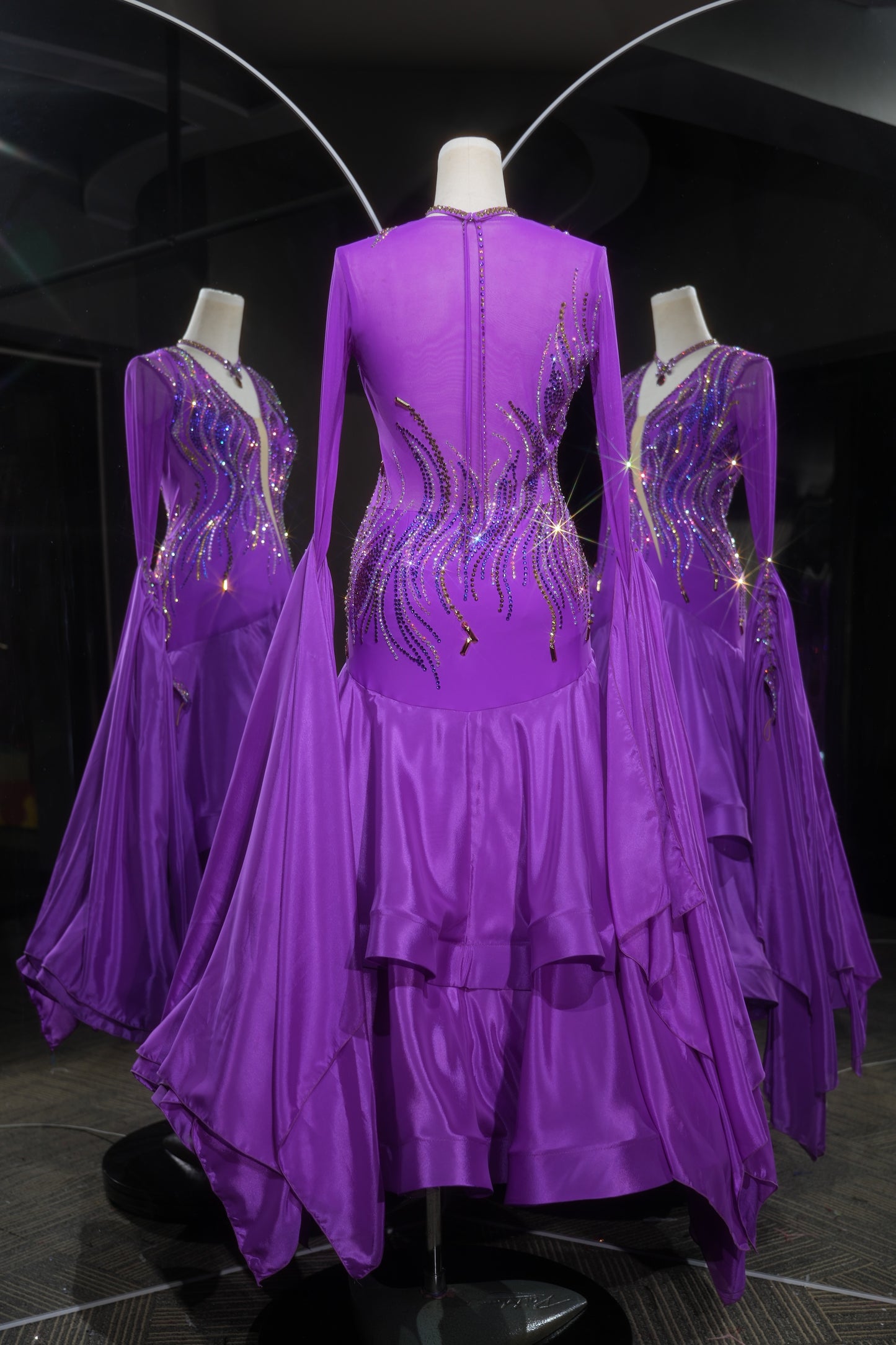 MINEJAS.L557 Purple Ballroom Dance Dress with Gold & Purple Rhinestone Wave Pattern | Long Sleeve Standard Gown
