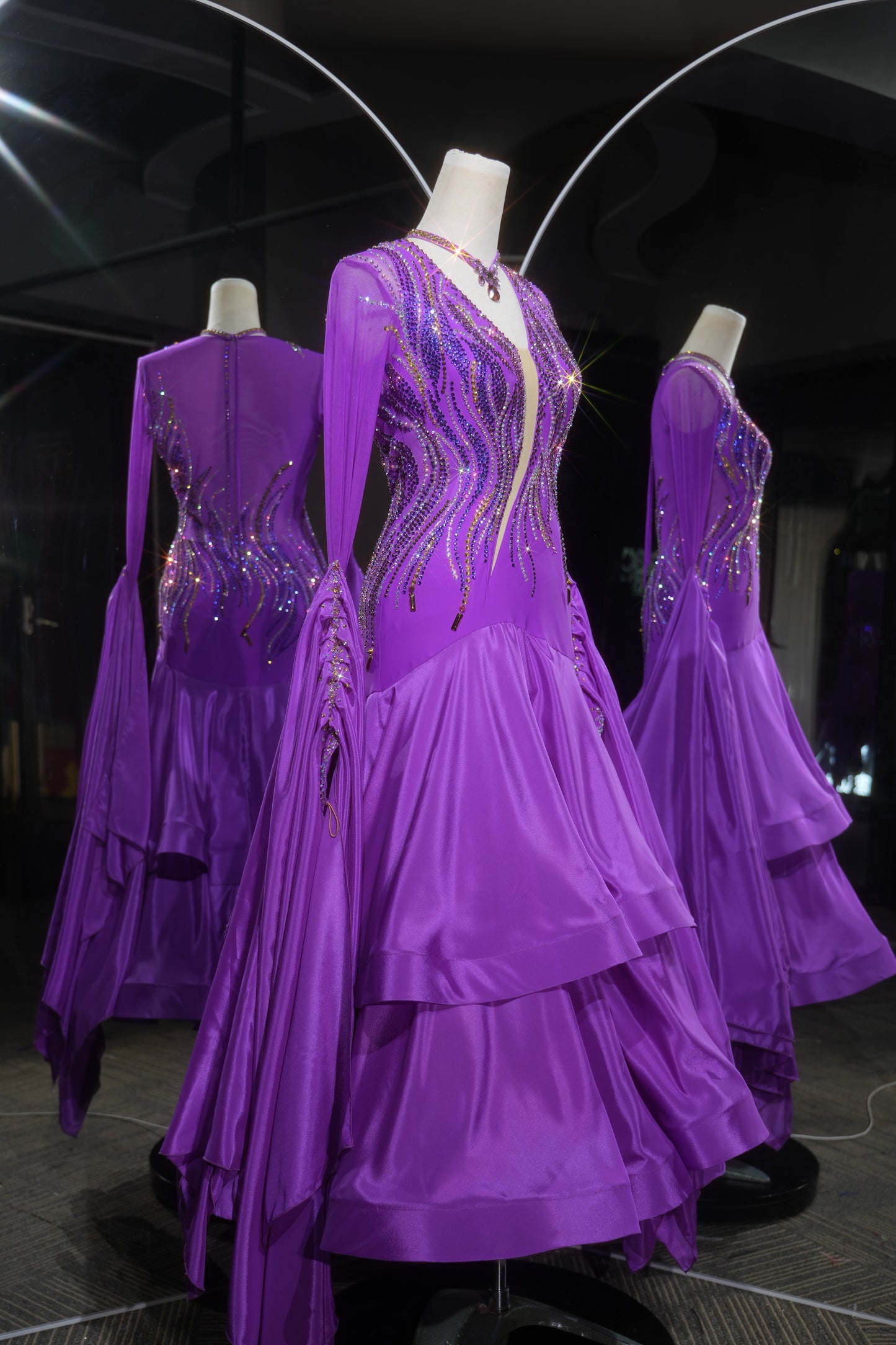 MINEJAS.L557 Purple Ballroom Dance Dress with Gold & Purple Rhinestone Wave Pattern | Long Sleeve Standard Gown