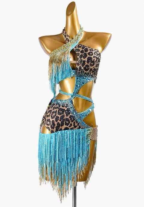 MINEJAS.L050 Leopard Print Blue Fringe Latin Dance Costume