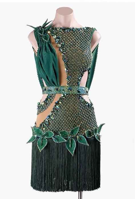 MINEJAS.L051 Green Leaf Fringe Latin Ballroom Dance Dress