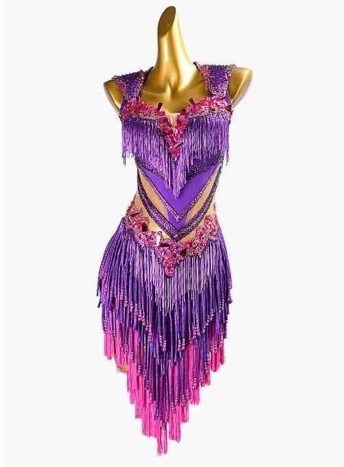 MINEJAS.L052 Purple Pink Fringe Latin Samba Performance Dress