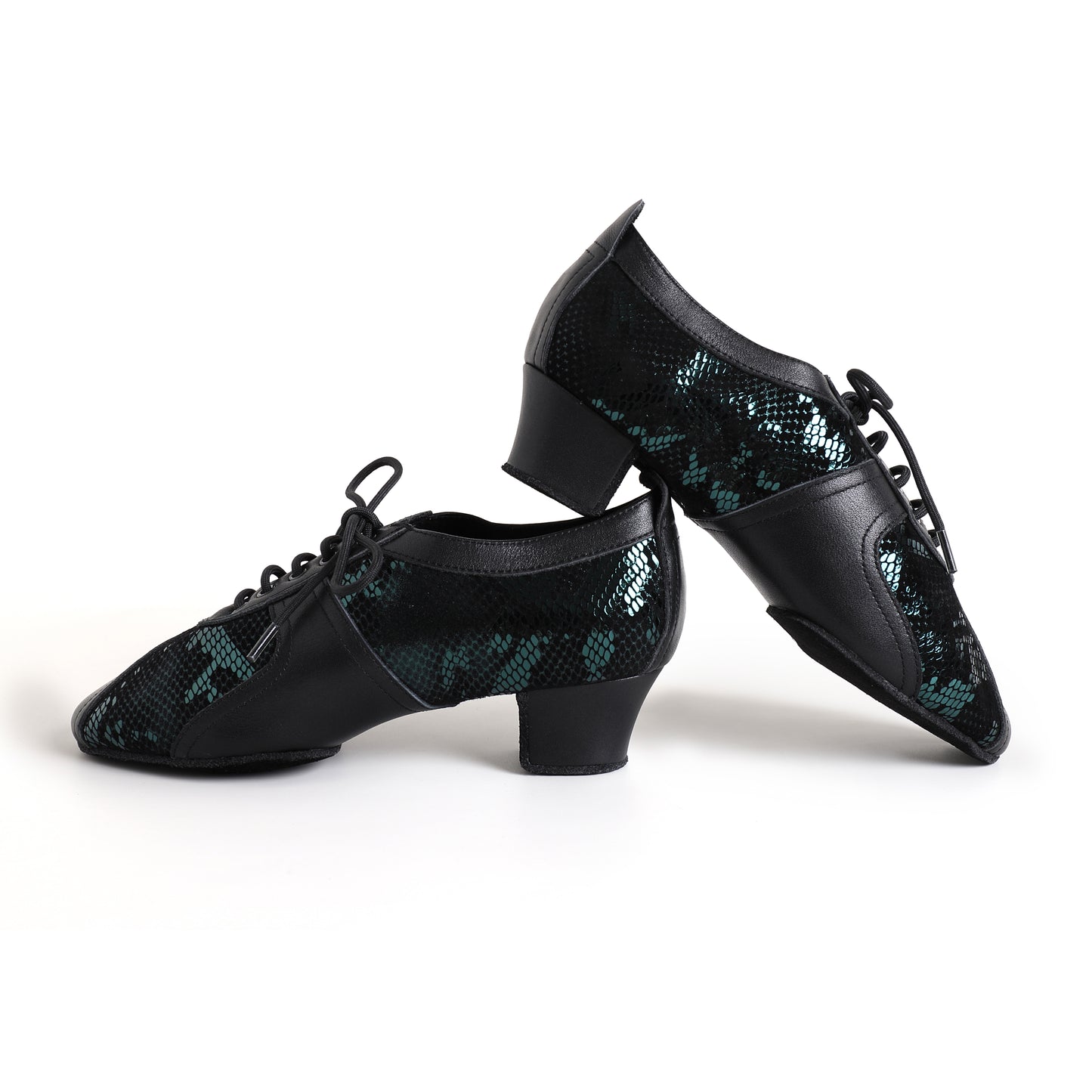 MINEJAS.T032 Women’s Black Cowhide & Green Snakeskin Sheepskin Teacher Dance Shoes
