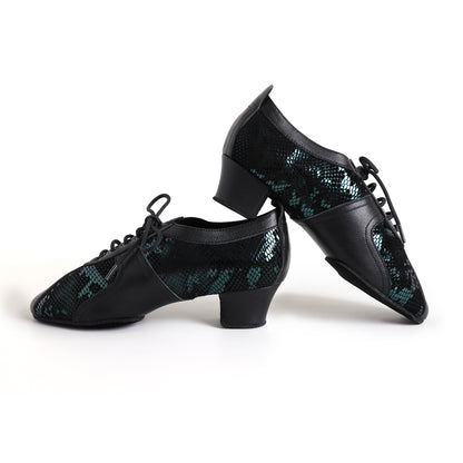 MINEJAS.T032 Women’s Black Cowhide & Green Snakeskin Sheepskin Teacher Dance Shoes
