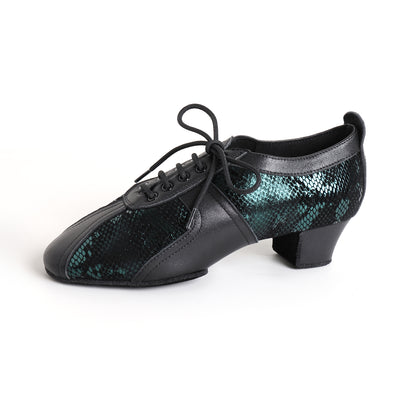 MINEJAS.T032 Women’s Black Cowhide & Green Snakeskin Sheepskin Teacher Dance Shoes