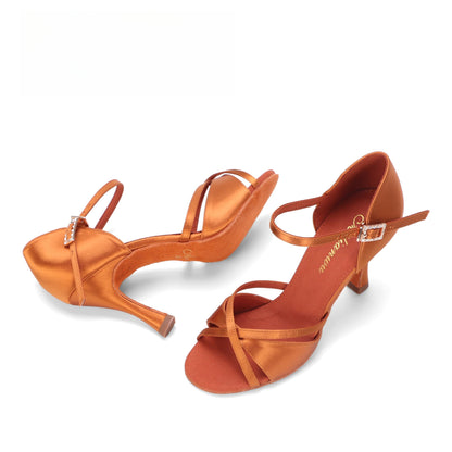 Women's Satin Tan color Flare Heel Ankle Strap Latin Dance Shoes