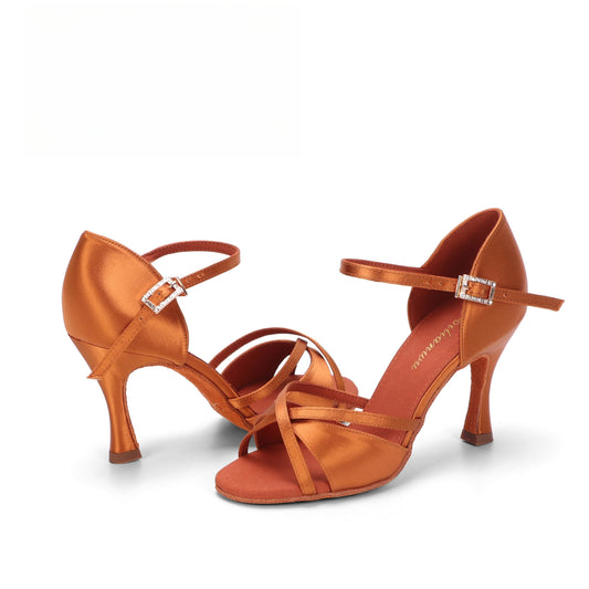 Women's Satin Tan color Flare Heel Ankle Strap Latin Dance Shoes
