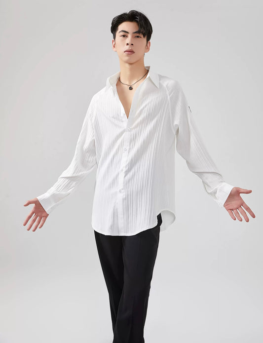 BOBO.L005MTE Elegant Textured White and Black Oversize Mens Latin Shirt - Mine·Jas