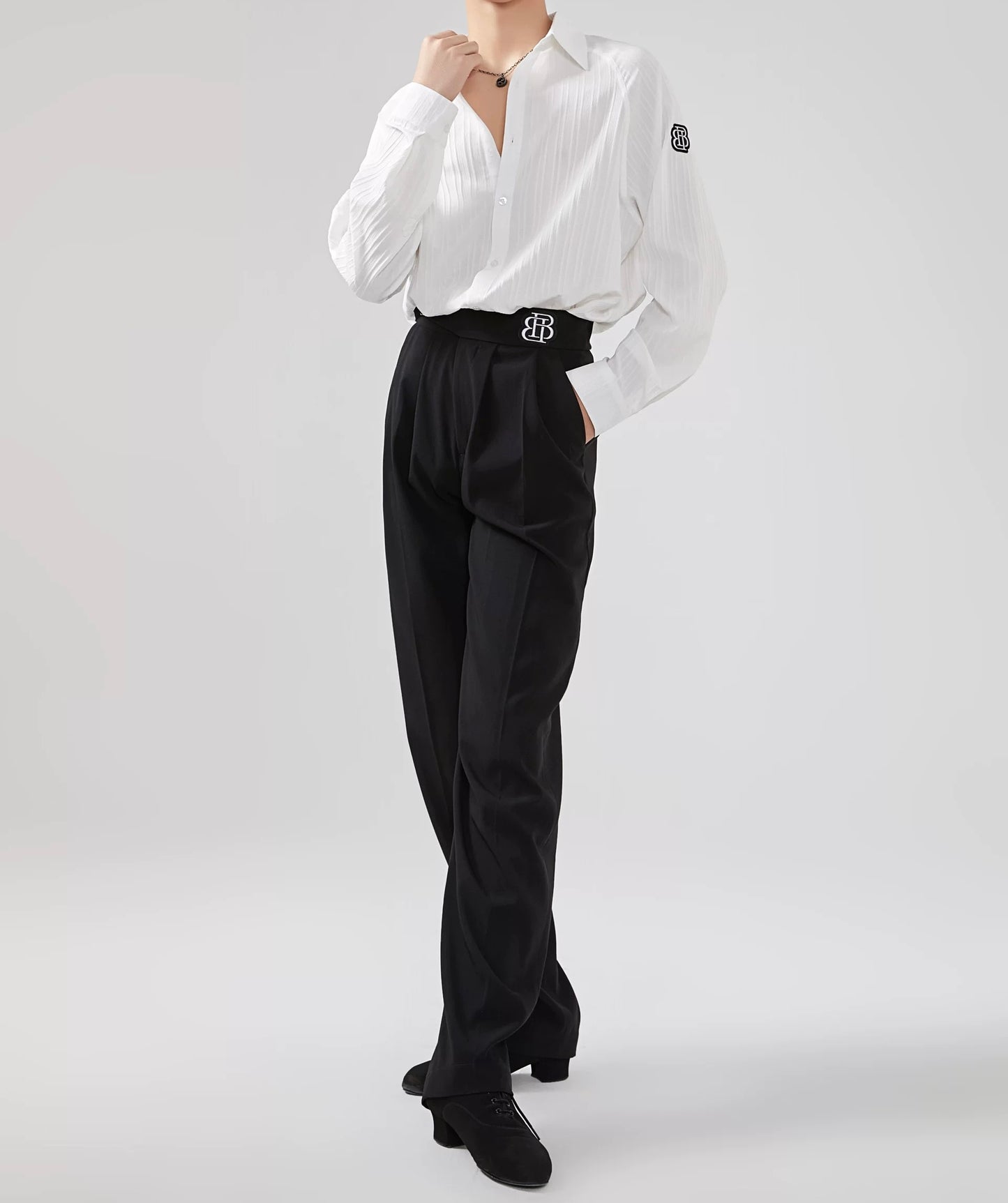 BOBO.L005MTE Elegant Textured White and Black Oversize Mens Latin Shirt