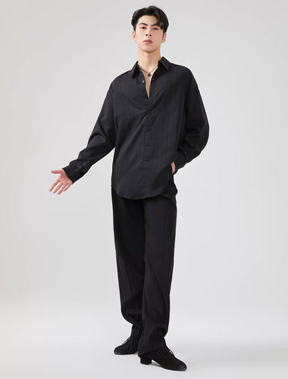 BOBO.L005MTE Elegant Textured White and Black Oversize Mens Latin Shirt