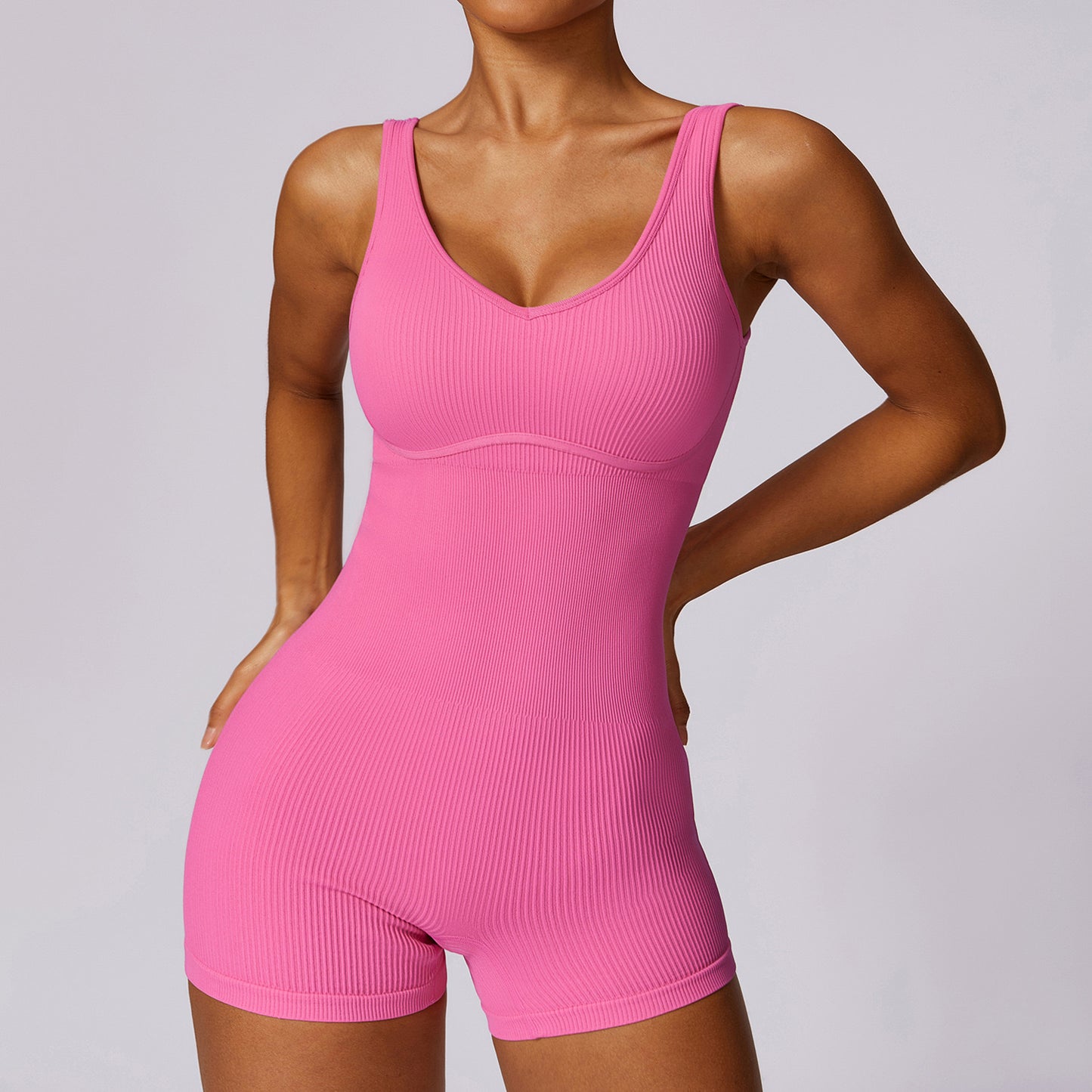ZC.A7591B Seamless Ribbed Workout Romper – Sleeveless One-Piece Yoga Bodysuit
