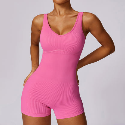 ZC.A7591B Seamless Ribbed Workout Romper – Sleeveless One-Piece Yoga Bodysuit