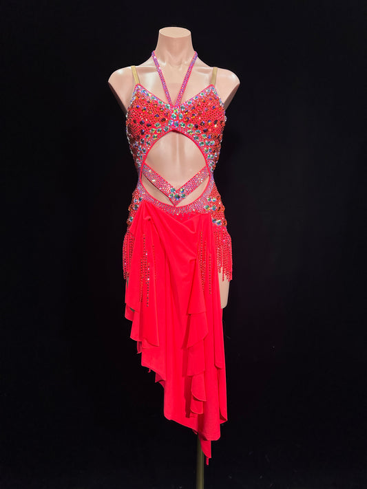 JUM.L016FCD Red Latin Dance Dress with Rhinestone Embellishments and Asymmetric Fringe Skirt