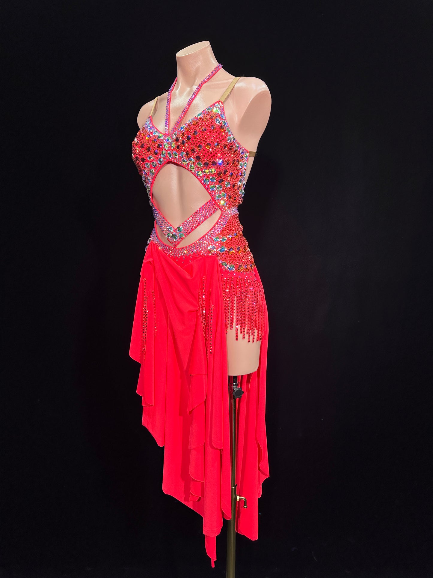JUM.L016FCD Red Latin Dance Dress with Rhinestone Embellishments and Asymmetric Fringe Skirt