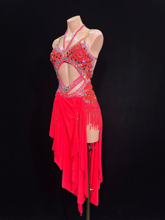 JUM.L016FCD Red Latin Dance Dress with Rhinestone Embellishments and Asymmetric Fringe Skirt