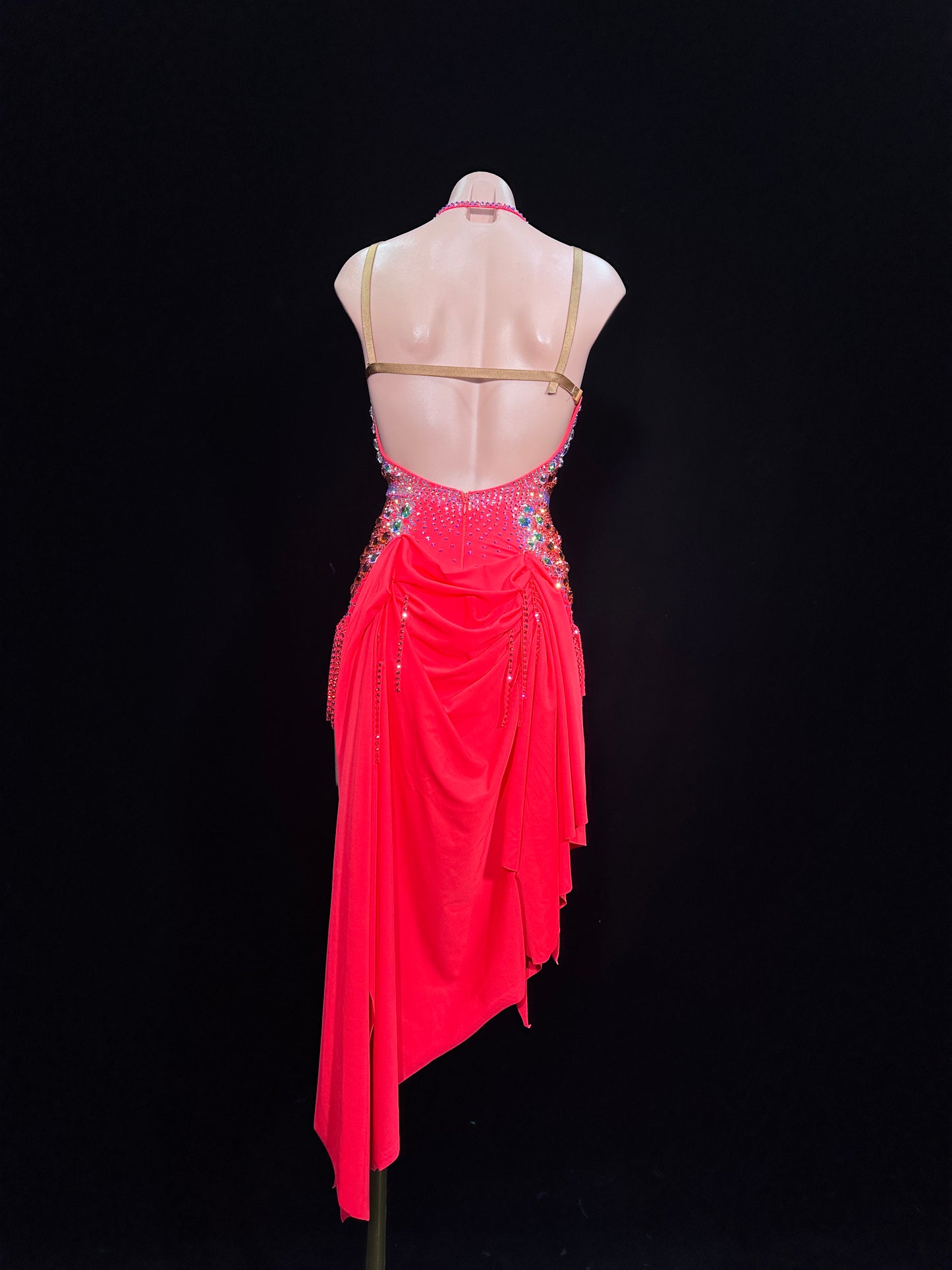 JUM.L016FCD Red Latin Dance Dress with Rhinestone Embellishments and Asymmetric Fringe Skirt