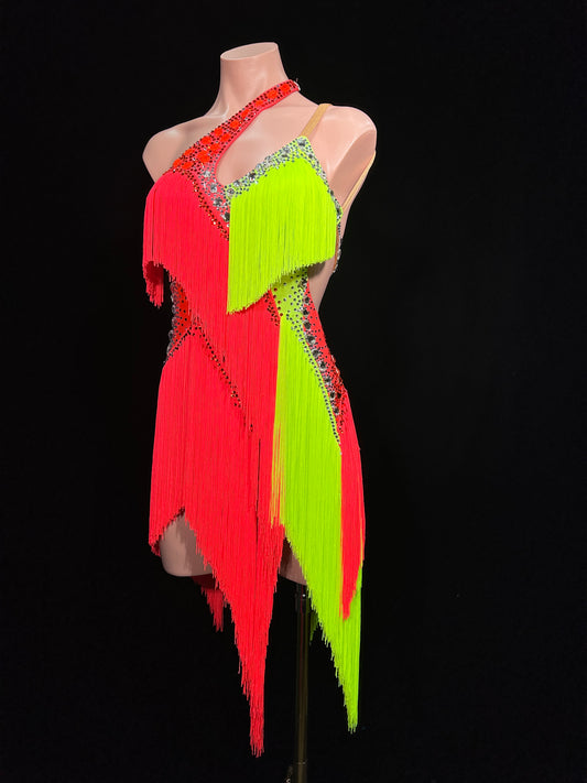 JUM.L017FCD Neon Red and Green Latin Dance Dress with Fringes and Rhinestone Details