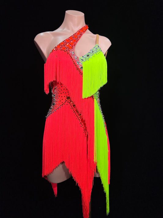 JUM.L017FCD Neon Red and Green Latin Dance Dress with Fringes and Rhinestone Details