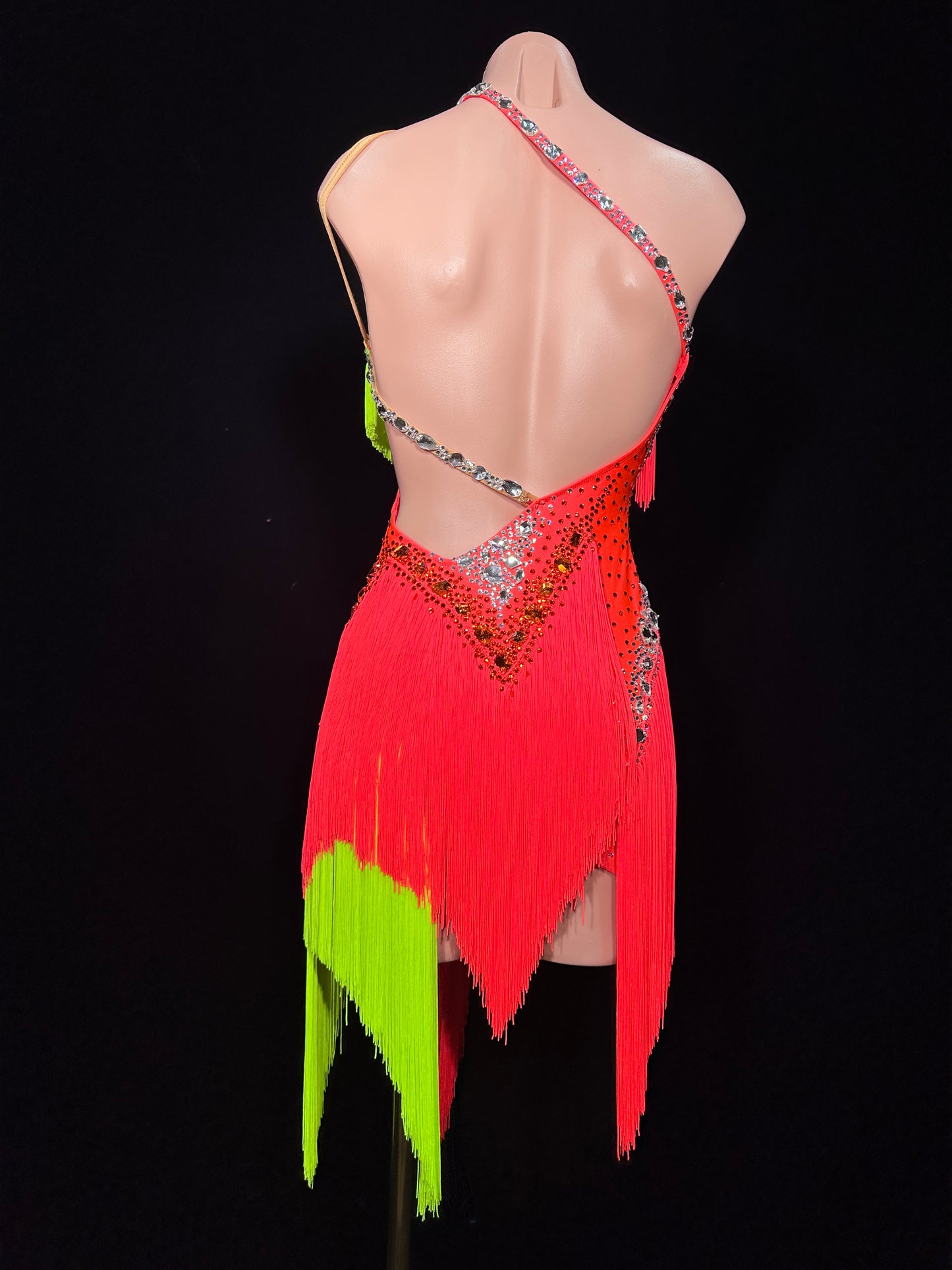 JUM.L017FCD Neon Red and Green Latin Dance Dress with Fringes and Rhinestone Details