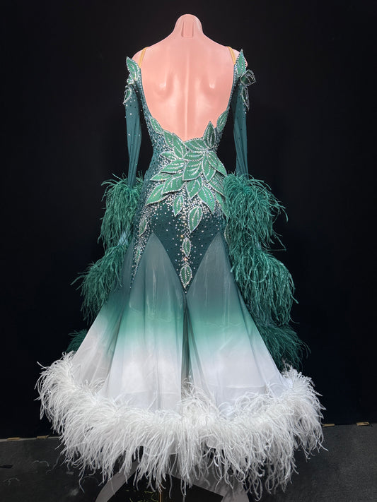 JUM.B008FCD Emerald Green Ombre Ballroom Dance Dress with Feather and Rhinestone Details
