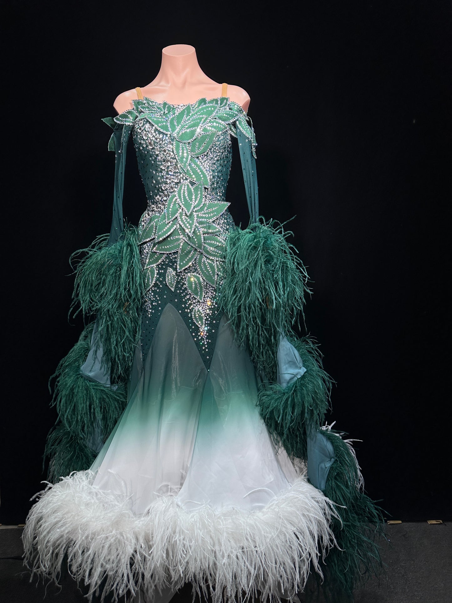 JUM.B008FCD Emerald Green Ombre Ballroom Dance Dress with Feather and Rhinestone Details