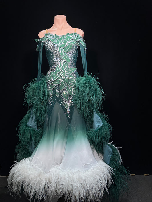 JUM.B008FCD Emerald Green Ombre Ballroom Dance Dress with Feather and Rhinestone Details