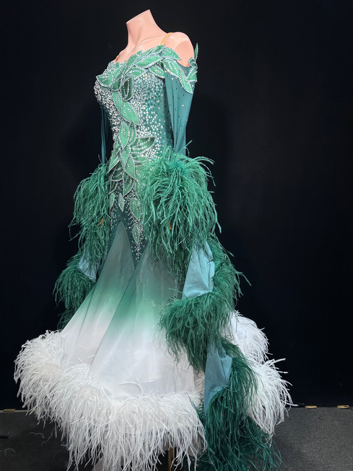 JUM.B008FCD Emerald Green Ombre Ballroom Dance Dress with Feather and Rhinestone Details