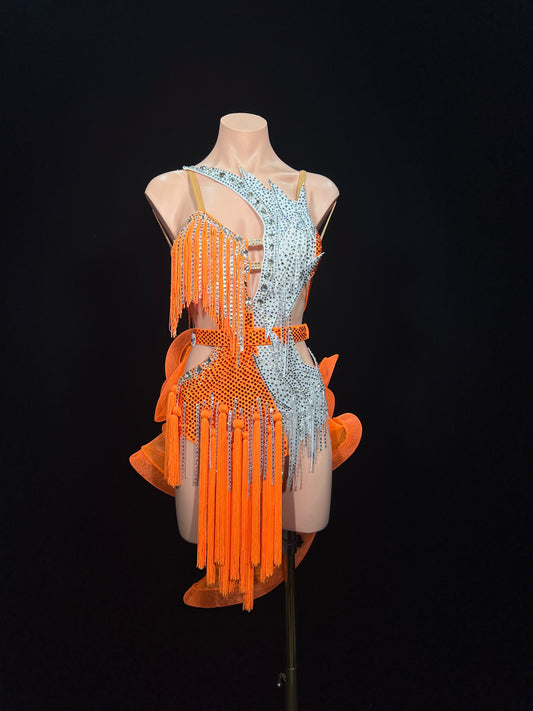 JUM.L018FCD Orange Latin Dance Dress with Rhinestone Embellishments and Fringe Details