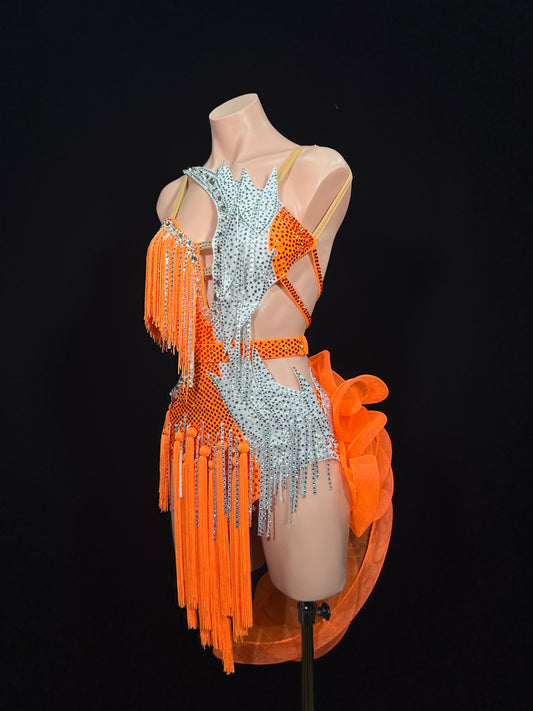 JUM.L018FCD Orange Latin Dance Dress with Rhinestone Embellishments and Fringe Details